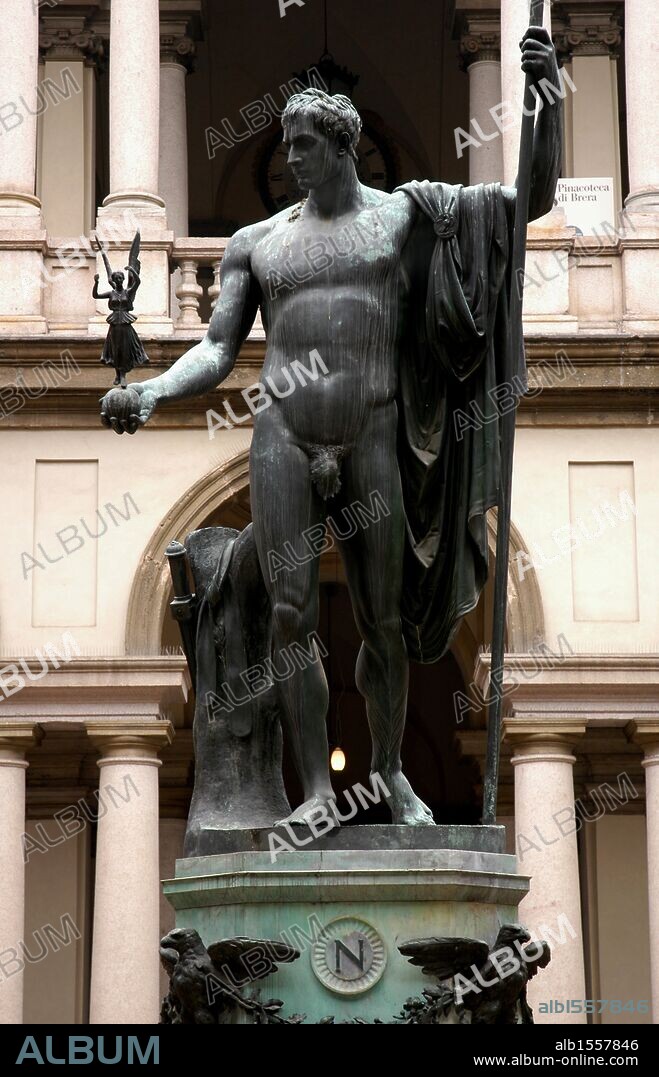 Napoleon Bonaparte (1769 -1821). Napoleon as Mars the Peacemaker. Colossal heroic nude statue by Antonio Canova. Bronze copy, 1811. Courtyard of the Palazzo Brera, Milan, Italy.