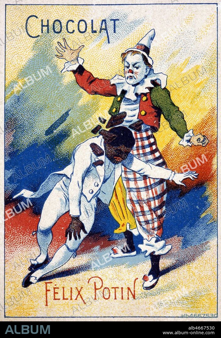 Chromo publicitaire pour du chocolat, mettant en scene les clowns FOOTIT (1864-1921) et CHOCOLAT (1868-1917). Marque Felix Potin. Credit Collection Kharbine Tapabor.