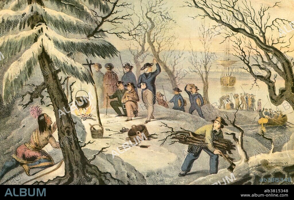 This lithograph by Currier & Ives shows a Native American man watching the pilgrims from the woods as they begin to land at Plymouth. They have placed a kettle over a campfire, one man carries a hatchet and firewood, and more pilgrims are landing in smaller boats that are bringing them in from the Mayflower. Plymouth Rock is the traditional site of disembarkation of William Bradford and the Mayflower Pilgrims who founded Plymouth Colony in 1620. It is an important symbol in American history. Founded by a group of Separatists and Anglicans, who together later came to be known as the Pilgrims, Plymouth Colony was, along with Jamestown, Virginia, one of the earliest successful colonies to be founded by the English in North America and the first sizable permanent English settlement in the New England region. the citizens of Plymouth were fleeing religious persecution and searching for a place to worship as they saw fit. The social and legal systems of the colony became closely tied to their religious beliefs, as well as English custom.