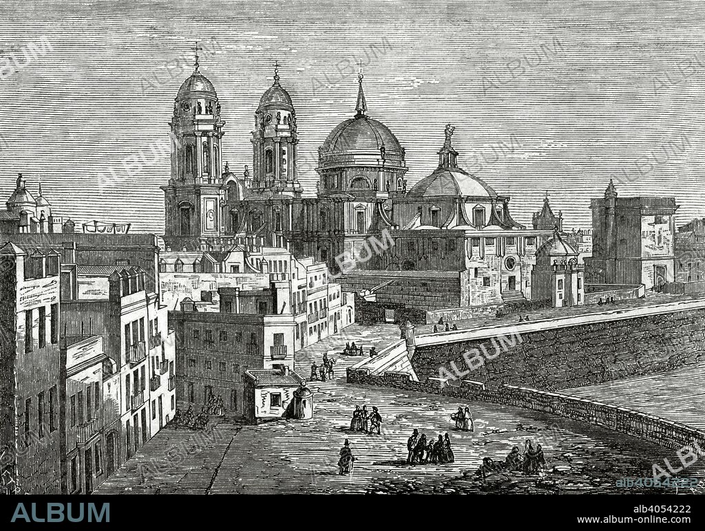 Spain, Andalusia. Cadiz Cathedral. Panoramic view. Drawing by Letre. Engraving by Capuz. Cronica General de Espa–a, Historia Ilustrada y Descriptiva de sus Provincias. Andalucia, 1867.