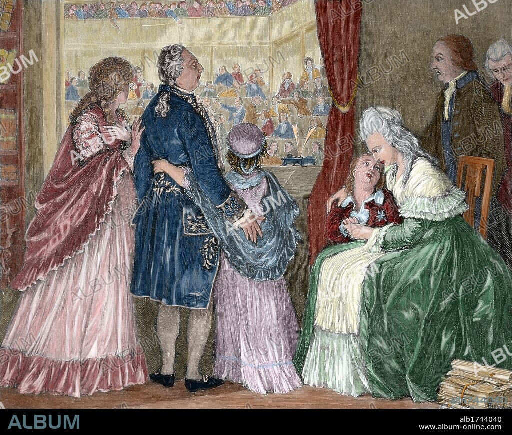 H. DE LA CHARLERIE. French Revolution (1789-1799). The royal family took refuge in the Assembly after the assault on the Tuileries (August 1792) and the suspension of the functions of King Louis XVI. Colored engraving at "The History of France" (1900).