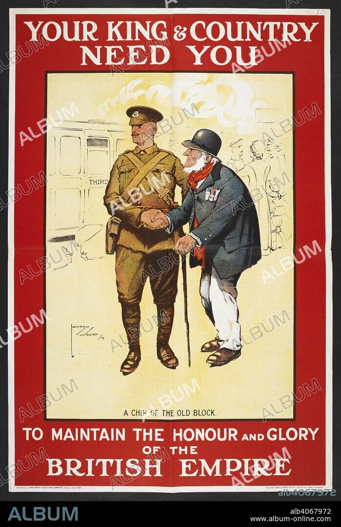 'Your King & country need you ...' A recruitment poster showing a veteran shaking hands with a new soldier. [A collection of English and French War (World War I) Posters.]. 1914-1919. Source: Tab.11748.a. poster 201.