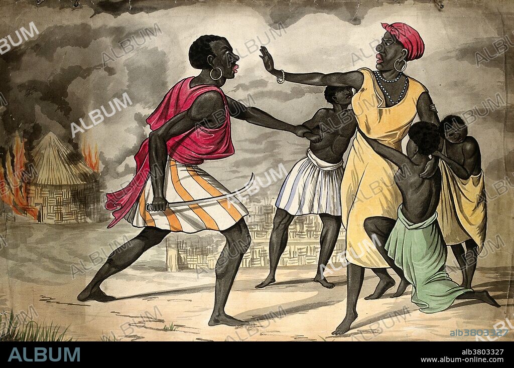 The capture of slaves by an African slave trader in Africa, 1860.