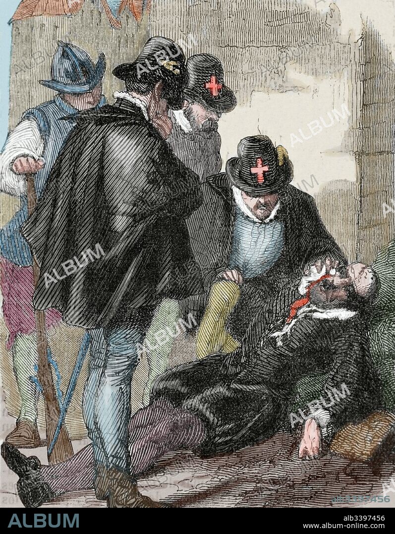Gaspard II de Coligny (1519-1572). Huguenot leader in the French Wars of Religion. Assassination of admiral de Coligny. 1572. St. Bartholomew's Day massacre. Engraving. Colored.