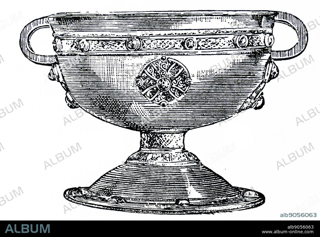 The Ardagh Chalice, from the Ardagh Hoard, of metalwork from the 8th and 9th centuries. Found in 1868 by two young local boys, Jim Quin and Paddy Flanagan, it is now on display in the National Museum of Ireland in Dublin.