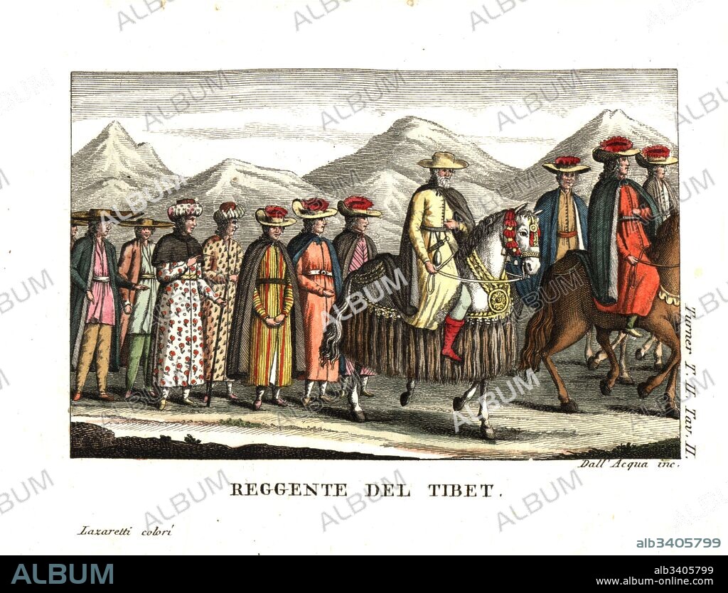 Shamarpa, Regent of TIbet, brother of the Panchen Lama, Lobsang Palden Yeshe. Illustration by Lieutenant Samuel Davis from Captain Samuel Turner’s Account of an Embassy to the Court of the Teshoo Lama in Tibet, 1800. Copperplate engraving by Dell'Acqua handcoloured by Lazaretti from Giovanni Battista Sonzogno’s Collection of the Most Interesting Voyages (Raccolta de Viaggi Piu Interessanti), Milan, 1815-1817.