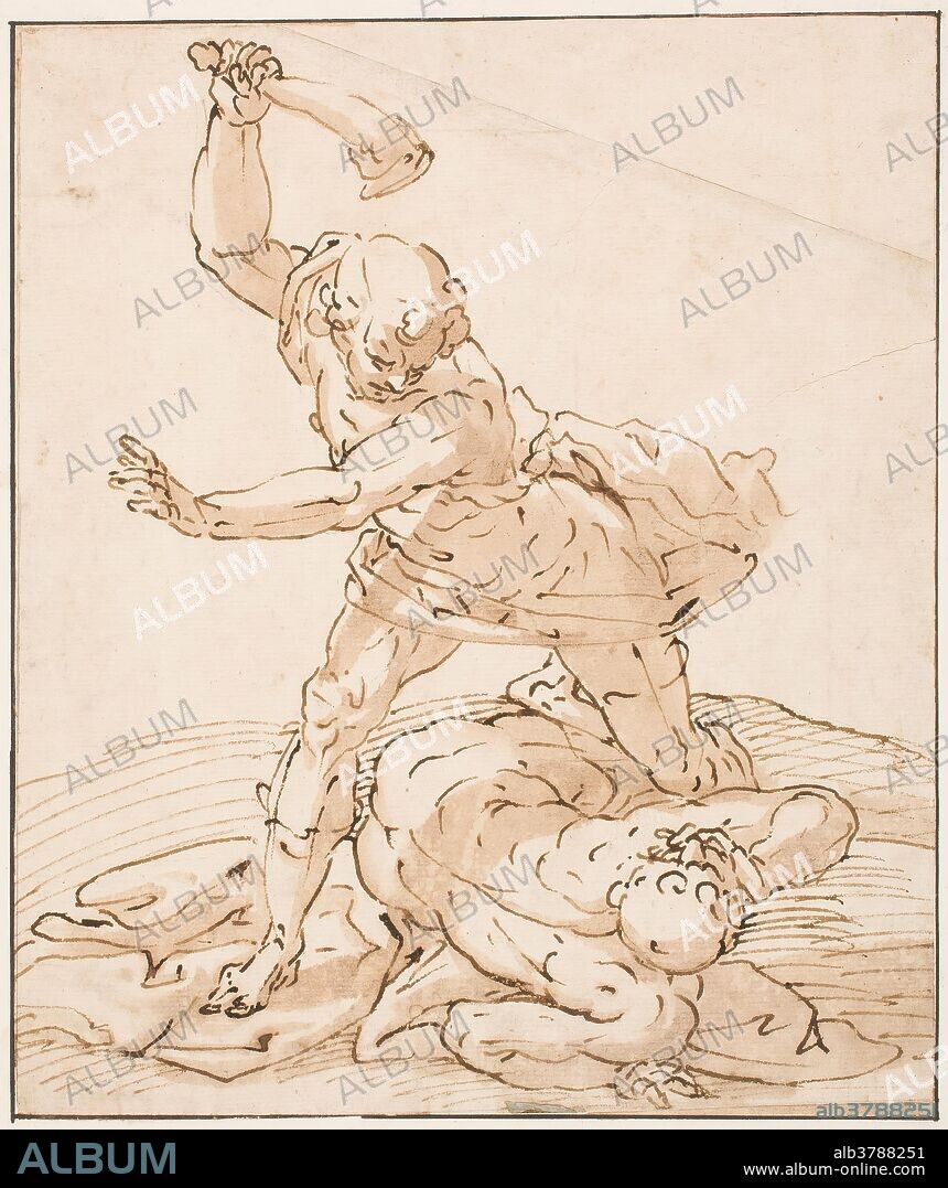 Anonymous / 'Samson slaying the philistine with the jawbone of the ass'. XVI century. Wash, Pencil, Pencil ground, Grey-brown ink on yellow paper.