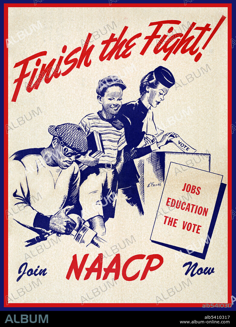 NAACP promotional poster showing woman voting, boy carrying books, and man working. The National Association for the Advancement of Colored People (NAACP) is a civil rights organization in the United States, formed in 1909 as an interracial endeavor to advance justice for African-Americans. Its mission in the 21st century is to ensure the political, educational, social, and economic equality of rights of all persons and to eliminate race-based discrimination. Its name, retained in accordance with tradition, uses the once common term colored people, referring to those with some African ancestry. Elton C. Fax, 1946 (cropped and cleaned).