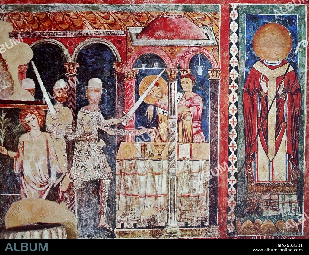 Fresco titled 'The Martyrdom of St Thomas Becket' from the Church of St John and St Paul. Dated 13th century.