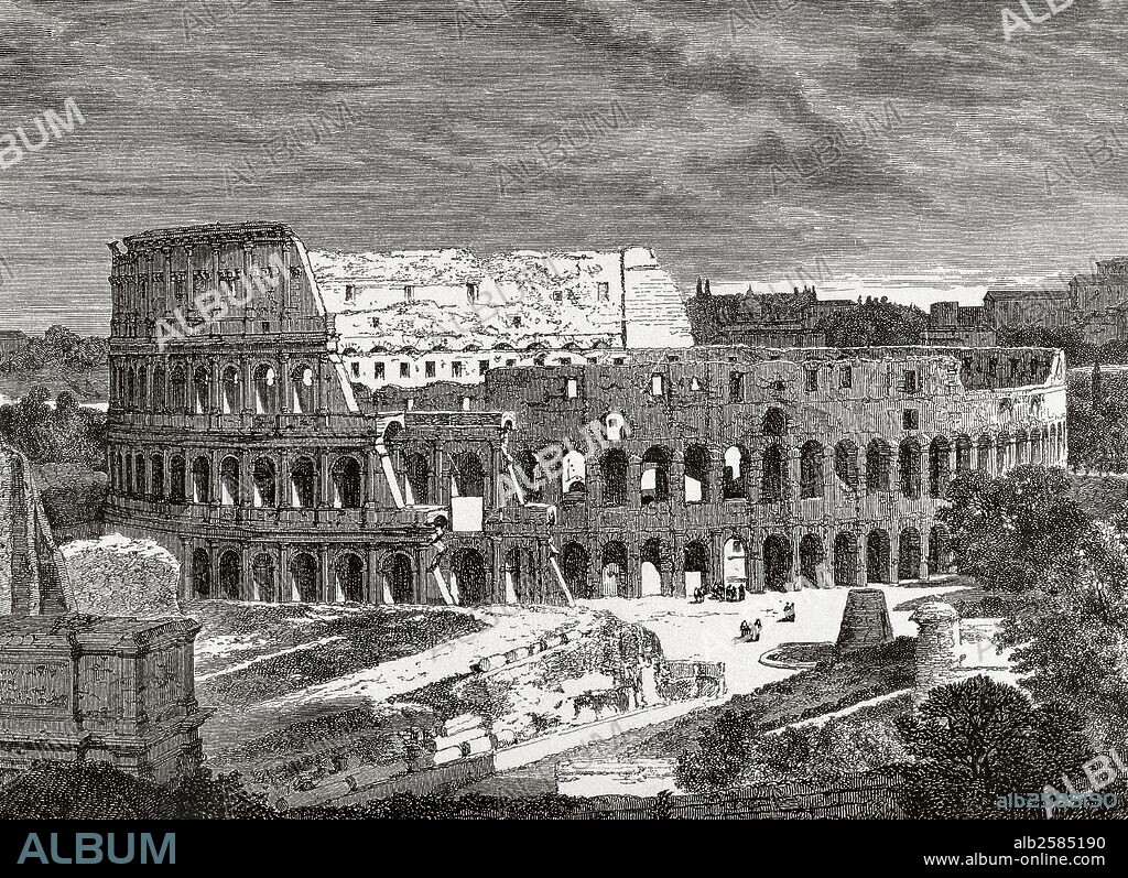 HISTORIA DE ITALIA. ROMA. Vista general del COLISEO ROMANO. Grabado por E. Therona (1882) .