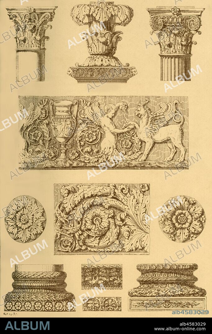 P BURKHARDT. Roman architectural ornament and sculpture, (1898). 'Fig 1: Corinthian capital from the Pantheon at Rome. Fig 2: Head of a candelabrum from the Vatican Museum. Fig 3: Composite capital from a temple of Juno at Rome. Fig 4: Fragment of a frieze, found in the Villa of Hadrian at Tivoli, now in the Lateran Museum at Rome. Figs 5 and 7: Rosettes from the Vatican Museum. Fig 6: Fragment of a frieze from Rome. Figs 8 and 11: Bases of columns from the later Roman period. Figs 9 and 10: Members of cornices from the ruins of the Imperial palaces on the Palatine...In Roman ornament the different forms of leaves often are idealised in such a rigid manner, that their natural origin is hardly to be recognized. Most frequently employed was the acanthus-leaf...Besides this we find oak-leaves, laurel, pine apples, vine-leaves, palm, ivy, aloe, convolvulus, cornear, poppy etc'. Plate 7 from "The Historic Styles of Ornament" translated from the German of H. Dolmetsch. [B.T. Batford, London, 1898].