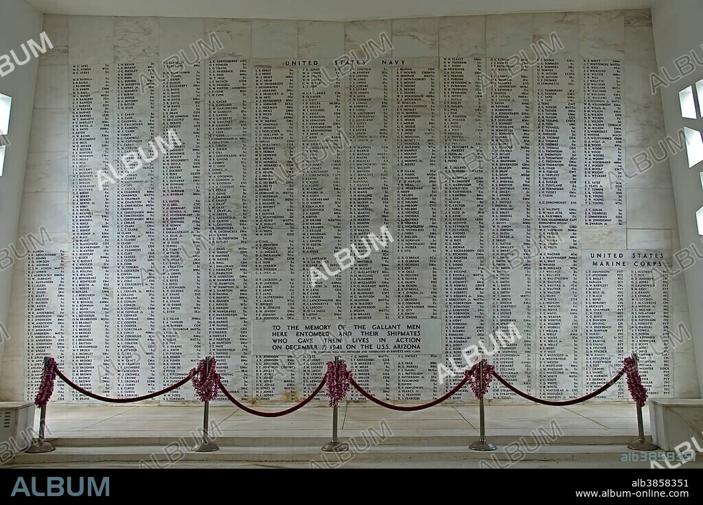USS Arizona Memorial, memorial plaque with names of killed soldiers, Pearl Harbour, Oahu, Hawaii, United States