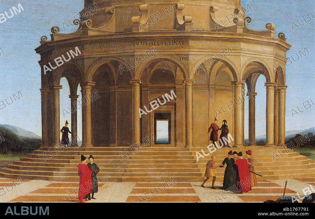 The Marriage of the Virgin, by Raffaello Sanzio, 1504, 16th Century, oil on panel, cm 170 x 118. Italy, Lombardy, Milan, Brera Art Gallery. Detail. Architecture central plan building temple polygonal portico perspective heads figures. Authorization required for non editorial use.