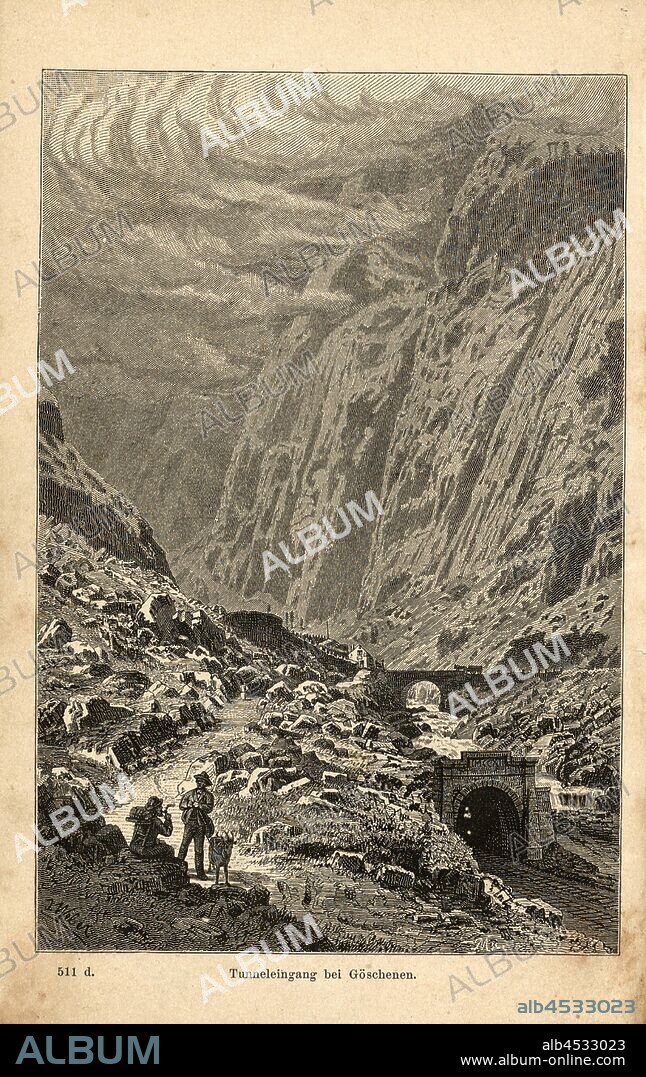 Tunnel entrance at Göschenen, Entrance to the Gotthard Tunnel in Göschenen, signed: J. Weber; M. Sc, frontispiece, Weber, Johannes (del.); Orell Füssli & Co. (exc.), 1882, Jakob Hardmeyer: Die Gotthardbahn. Zürich: Druck, Verlag und Illustration von Orell Füssli & Co., [188-].