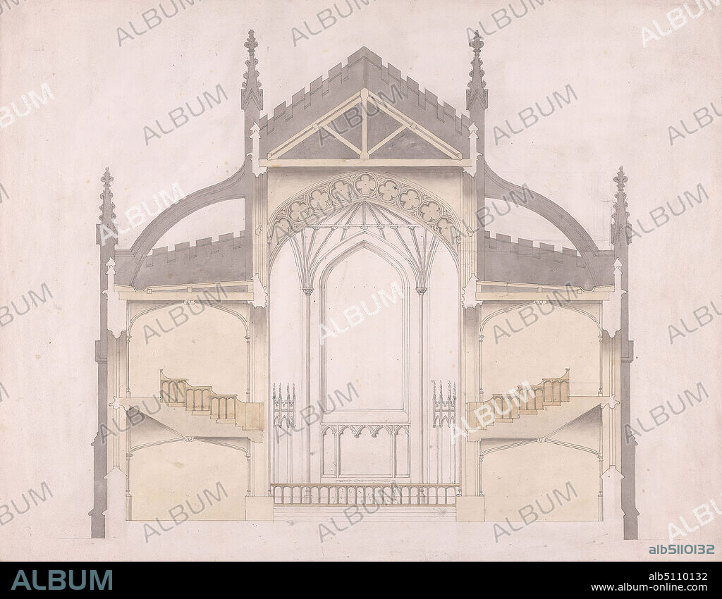 Design for a Small Gothic Church: Section, Studio of Sir Jeffry Wyatville, 17661840, British, undated, Graphite, pen and black ink, watercolor on slightly textured, medium, cream wove paper, Sheet: 12 5/8 × 16 1/8 inches (32.1 × 41 cm), architectural subject.