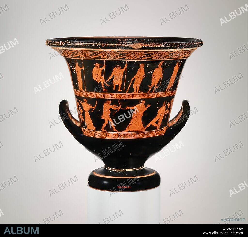 Terracotta calyx-krater (bowl for mixing wine and water). Culture: Greek, Attic. Dimensions: H. 15 5/8 in. (39.7 cm)
diameter  16 3/4 in. (42.5 cm). Date: ca. 450-440 B.C..
Above, obverse and reverse, Herakles, Theseus, and Perithoos in Hades
Below, obverse, Apollo and Tityos; reverse, Zeus and giant
This important vase illustrates one of the stories that would have been sung or recited. To atone for having killed his wife and children in a fit of madness, Herakles entered the service of King Eurystheus of Tiryns, who imposed twelve tasks on him. The most difficult was to fetch Kerberos, the watchdog of the underworld. In the upper zone, Herakles with his guide, Hermes, stands beside Theseus and Perithoos, who were punished for attempting to carry off Persephone. Hades, the king of the underworld, is shown behind Perithoos. Around the circumference of the vase appear other heroes known chiefly from the Iliad and the Odyssey, each with his name inscribed. The two scenes in the lower zone depict further mythological punishments.