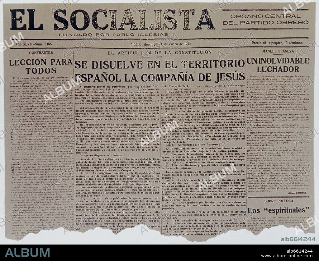 AUTOR LIBRE 01307. PERIODICO EL SOCIALISTA 24/ENE/1932 - DISOLUCION DE LA COMPAÑIA DE JESUS - ARTICULO 26 DE LA CONSTITUCION DE LA SEGUNDA REPUBLICA.
