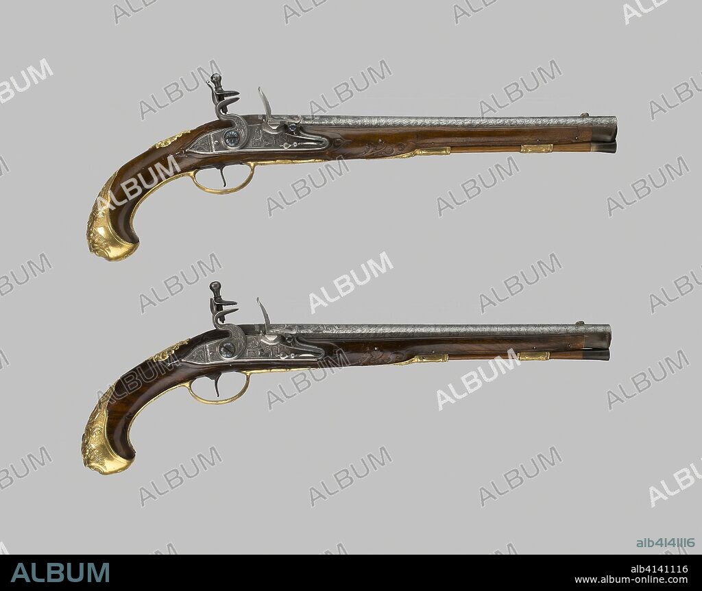 Pair of Flintlock Holster Pistols. Belgian, Liège. Date: 1710-1740. Dimensions: L. 48 cm (18 7/8 in.)
Barrel L. 32.5 cm (12 3/4 in.)
Wt. 2 lb. 12 oz.
Caliber .60. Steel, silver, brass, wood (walnut), and mercury gilding. Origin: Liège.