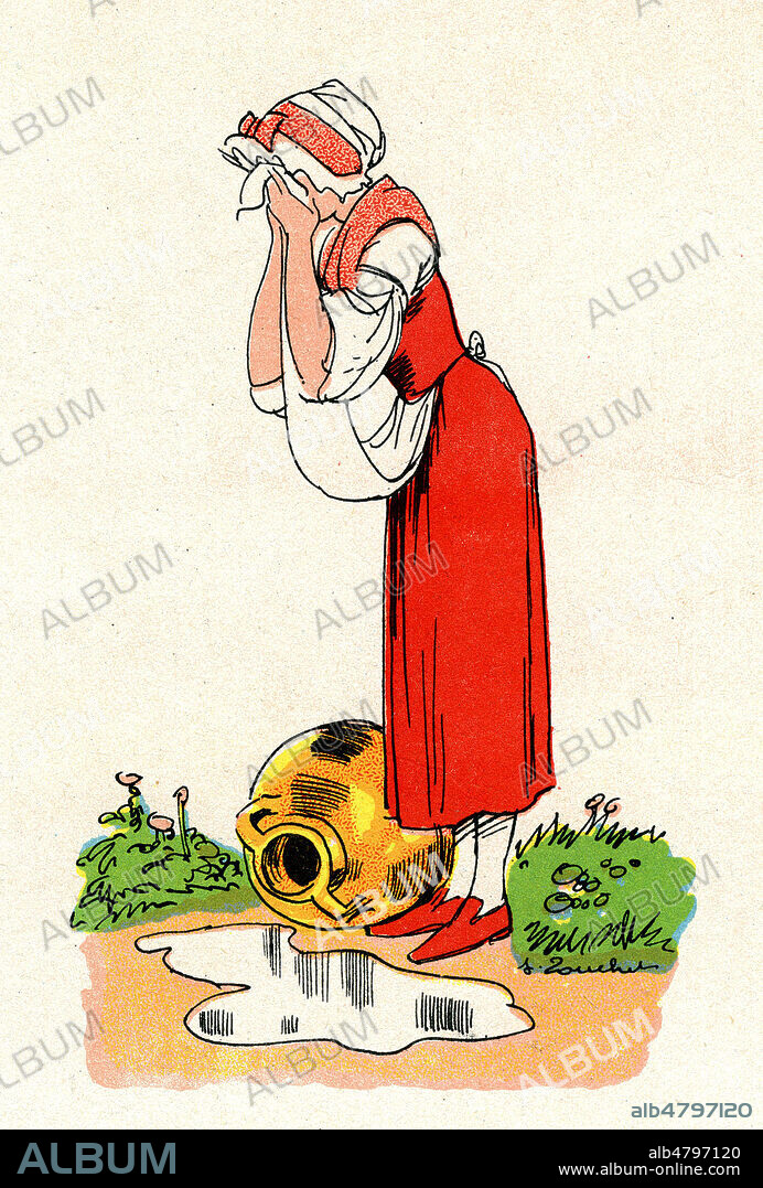 La Laitiere et le Pot de lait. Illustration vers 1938 par Jacques TOUCHET (1887-1949) pour la Fable de Jean de LA FONTAINE (1621-1695). Credit : Collection Jonas/Kharbine-Tapabor.