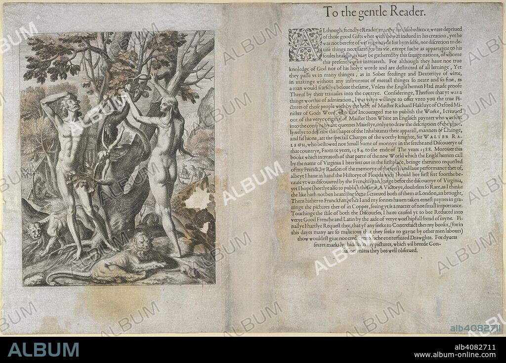 The Temptation of Adam and Eve in the Garden of Eden. The serpent can be seen in the apple tree. [America.-Part I.-English.] A briefe and true report of the new found land of Virginia, of the commodities and of the nature and manners of the naturall inhabitants. Discouered by the English Colony there seated by Sir R. Greinuile In 1585 This fore booke is made in English by Thomas Hariot. Frankfurt, 1590. Source: C.38.i.18, 3. Language: English.