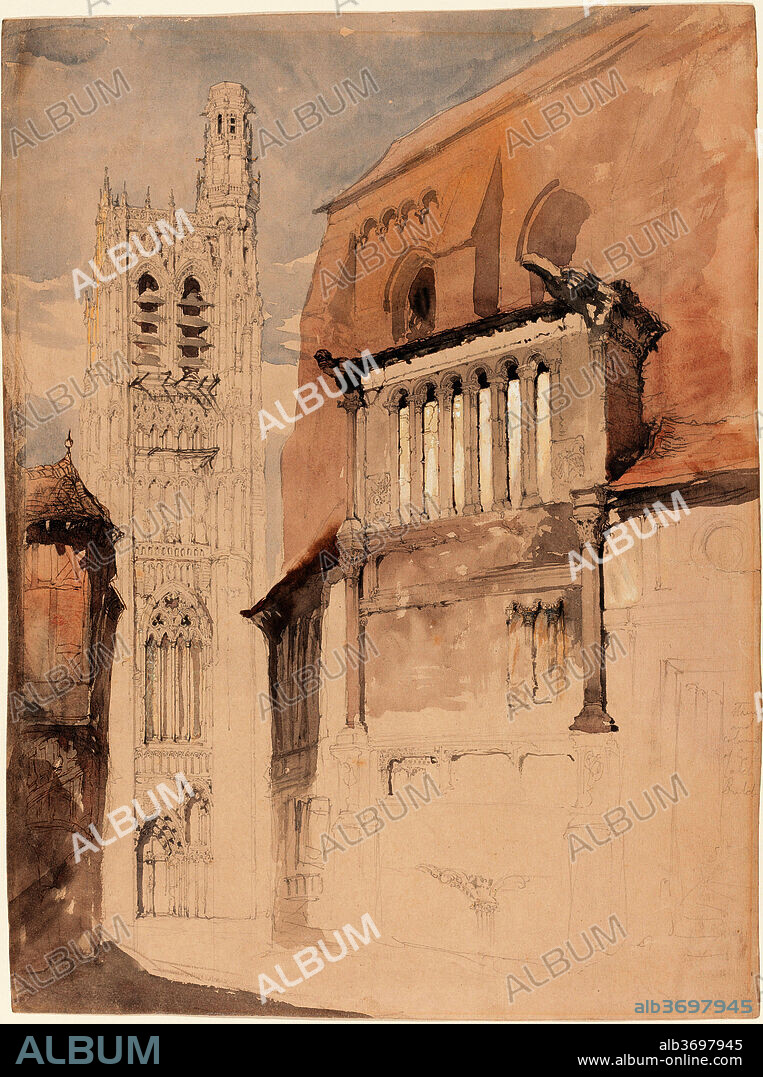 JOHN RUSKIN. Tower of the Cathedral at Sens. Dated: c. 1845. Dimensions: sheet: 40.7 x 30.6 cm (16 x 12 1/16 in.). Medium: pen and brown ink, brush and black ink, black chalk, and watercolor over graphite on brown paper.