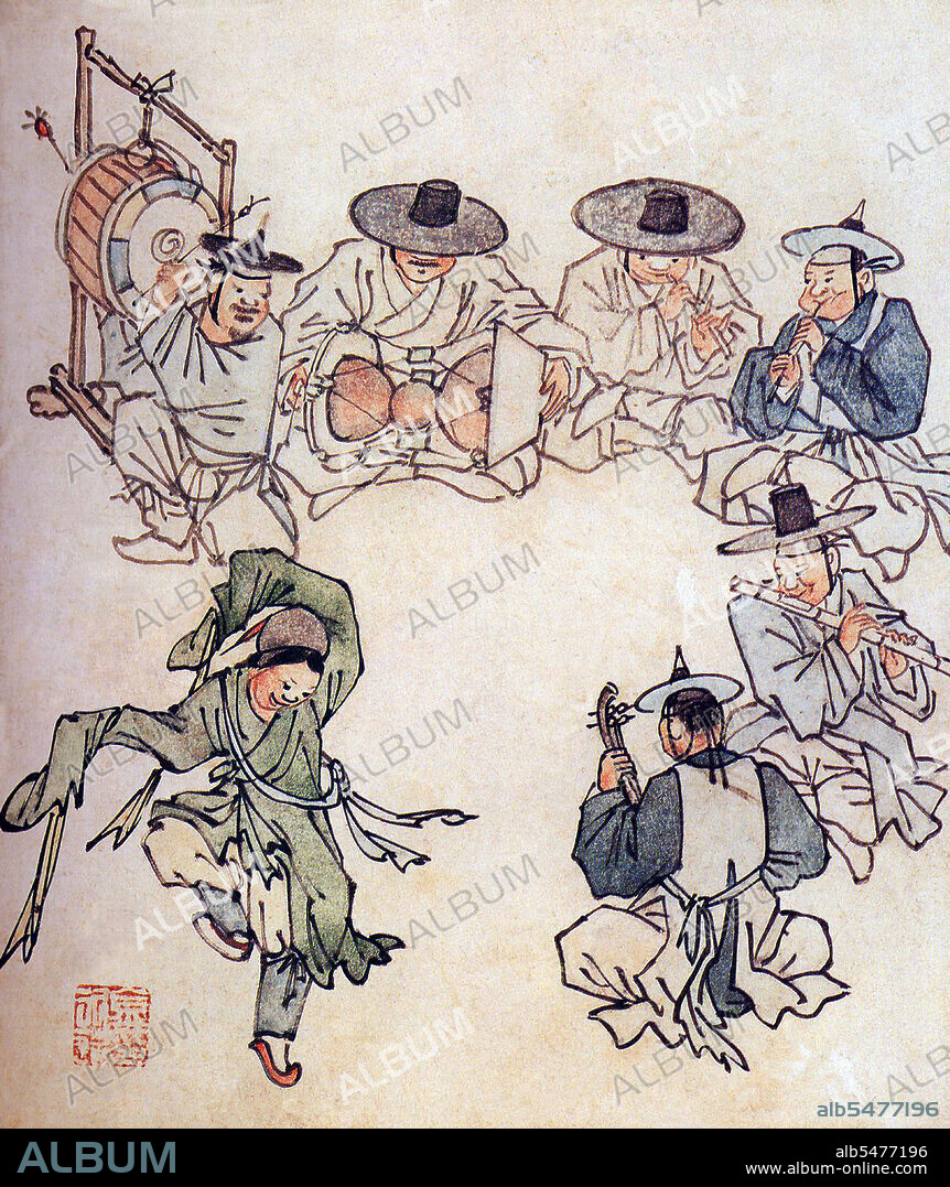 Kim Hong-do, better known as Danwon (1745–c. 1806), was a painter of the late Joseon period. A member of the Gimhae Kim clan, he grew up in present-day Ansan, South Korea, where he was taught by Pyoam Kang Sehwang, one of the most famous calligraphers of the day. He entered royal service as a member of the Dohwaseo, the official painters of the Joseon court, and drew the portrait of King Jeongjo. Danwon is known as the first Korean painter to extensively portray Korean daily life in a manner analogous to the Dutch Masters. Because of this, his paintings today are valued almost as much for the insight they shed on daily life in Joseon as for their inherent aesthetic value. Danwon Pungsokdo Cheop is an album of genre painting (pungsokhwa or pungsokdo) drawn by Kim Hongdo during the late Joseon dynasty. It was named after Kim's pen name, Danwon, and comprises 25 paintings in total. The album is painted with light watercolor on hanji (Korean paper). Each painting depicts vividly common people's daily life in the Joseon period.