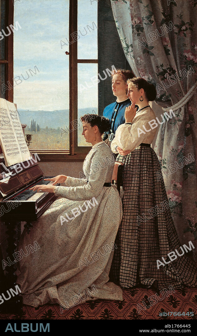 The Folk Song, by Silvestro Lega, 1867, 19th Century, oil on canvas, cm 158 x 98. Italy, Tuscany, Florence, Palazzo Pitti, Gallery of Modern Art. Signed and dated at the bottom left. All. Room interior curtains drapery three women piano musical instrument score stornello singing curtain window countryside foreshortening view. Authorization required for non editorial use.