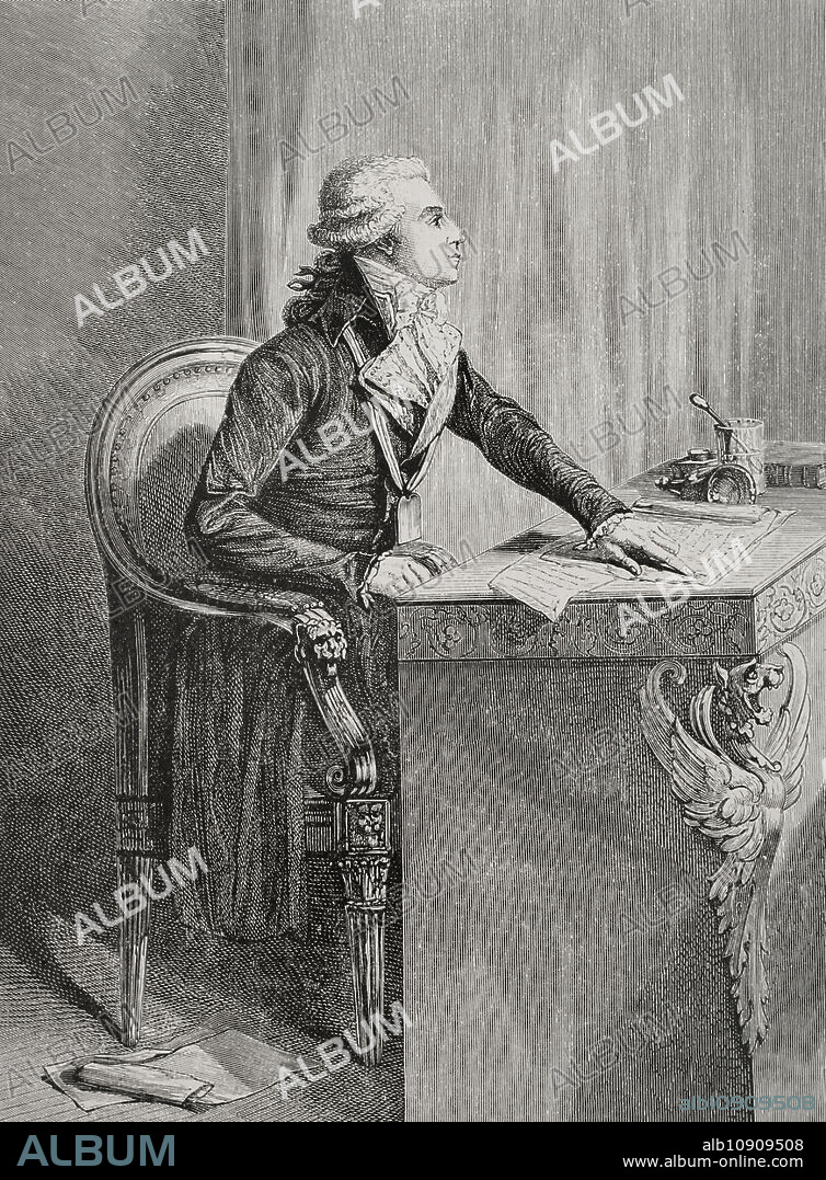 Bertrand Barère (Bertrand Barère de Vieuzac) (1755-1841). Abogado y político revolucionario francés. Presidente de la Convención Nacional en 1792. Barère presidiendo la Asamblea durante el juicio del rey Luis XVI (1754-1793), el cual comenzó el 26 de diciembre de 1792 en la Convención. Grabado. "Historia de la Revolución Francesa". Tomo I, 1876.