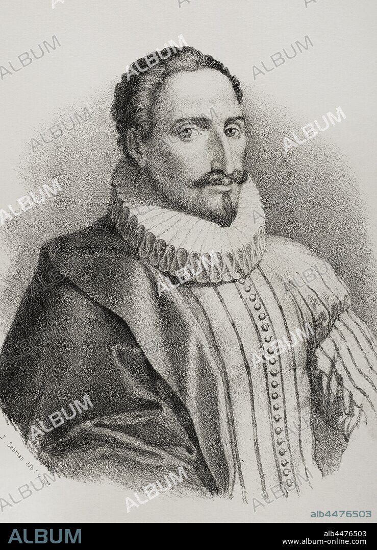 Miguel de Cervantes Saavedra (1547-1616). Novelista, poeta, dramaturgo y soldado español. Conocido por haber escrito El Ingenioso Hidalgo don Quijote de la Mancha. Dibujo por J. Cebrián. Litografía. Crónica General de España, Historia Ilustrada y Descriptiva de sus Provincias. Tomo Asturias y León, 1867. Biblioteca Histórico Militar de Barcelona, Cataluña, España.