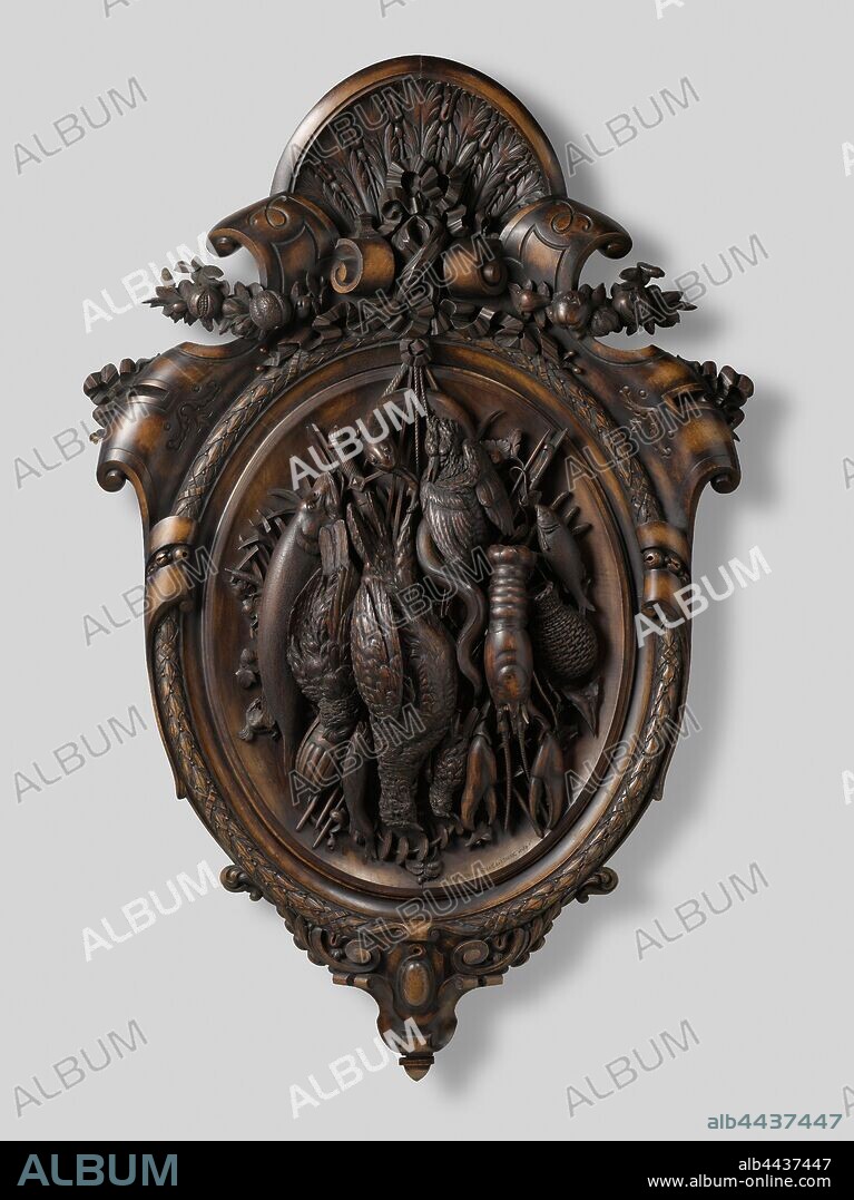 Relief with hunting trophies, Relief of walnut with hunting trophies., Dirk de Goede de Koning, The Hague, c. 1870, walnut (hardwood), cutting, h 157 cm × w 100 cm.