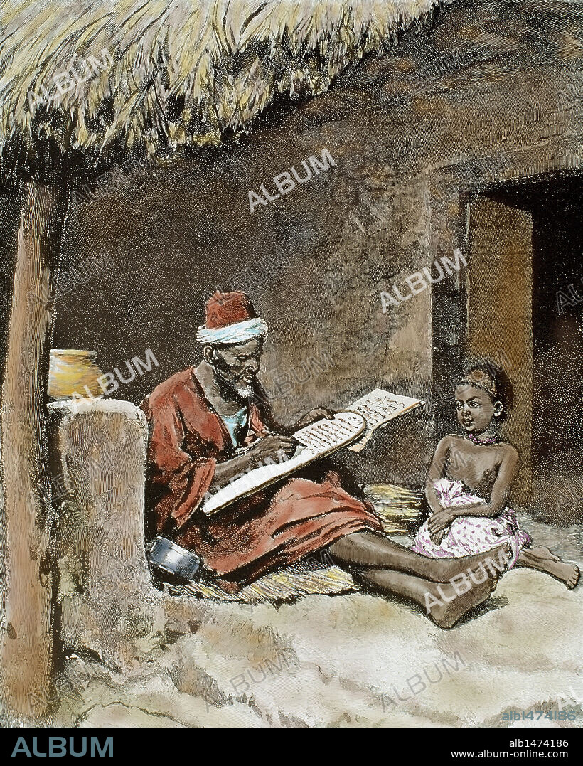 Un sayón enseñando a escribir a un niño. Sudán Francés (enero de 1893). Grabado coloreado.