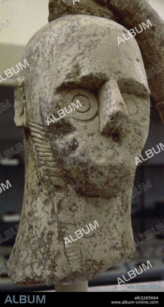 Nuragic civilization. Giants of Mont'e Prama. Head. Limestone, Iron Age I. Cabras. Sardinia. Italy. National Archaeological Museum of Cagliari. Sardinia, Italy.