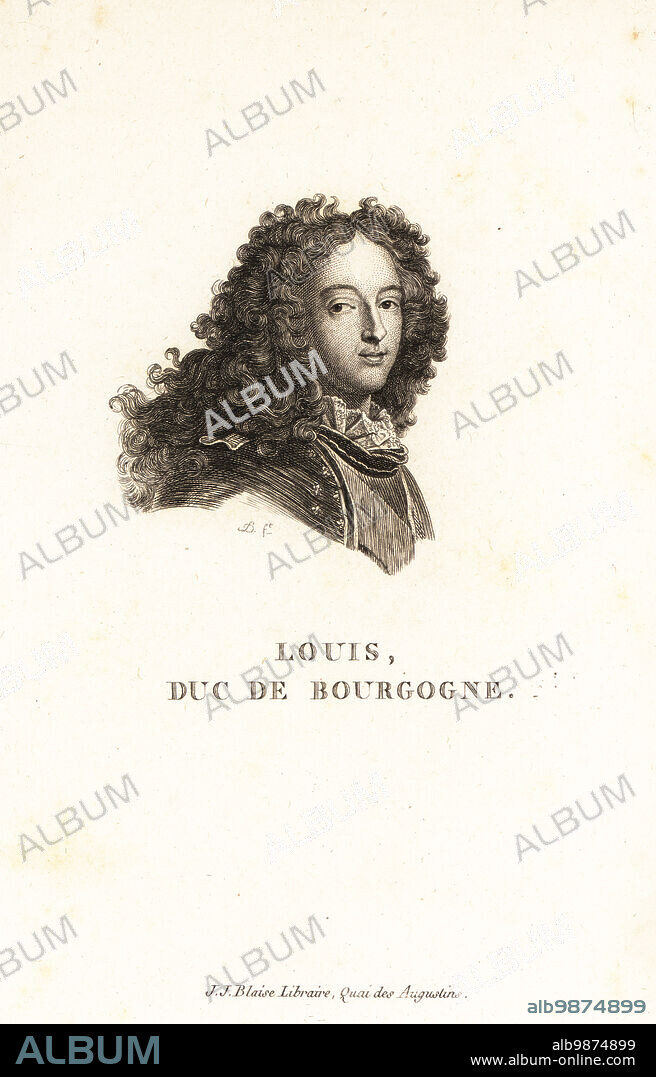 Louis, Duke of Burgundy, 1682-1712. Petit Dauphin, eldest son of Louis, Grand Dauphin, and Dauphine Maria Anna, grandson of King Louis XIV. Louis, Duc de Bourgogne. Copperplate engraving by D after Joseph Vivien from Marie de Rabutin-Chantal Sevignes Collection des Vingt Portraits du Siecle de Louis XIV, Collection of 20 Portraits of the century of King Louis XIV, J.J. Blaise, Libraire, Quai des Augustins, Paris, 1818.