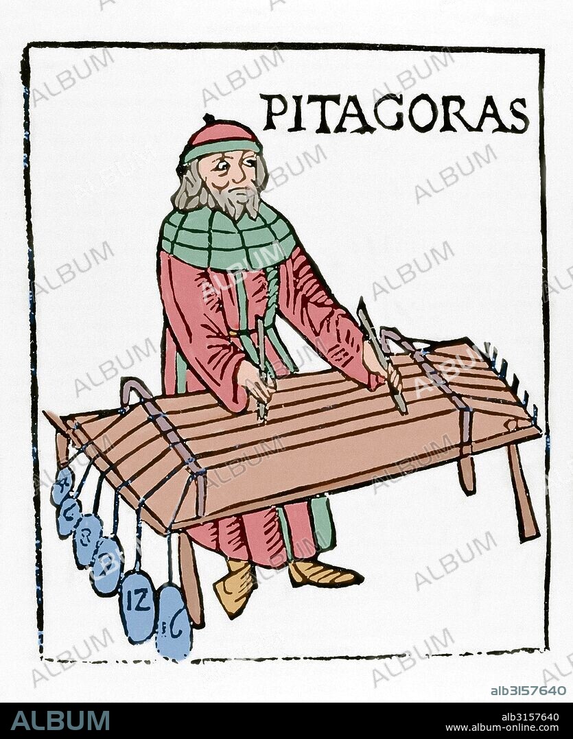 PITAGORAS (siglo IV a. C.). Filósofo y matemático griego nacido en Samos. Creador de las ciencias matemáticas. Se le atribuye el teorema que lleva su nombre. Percibió el movimiento de la Tierra sobre sí misma, y enseñó que ésta era esférica. Grabado de Theo Gafurius, año 1492 (Milán). Coloreado.