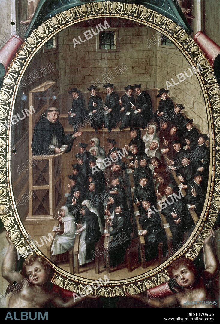 Martin de Cervera. Spanish painter documented around 1595 and 1621. University classroom. Painted on the door of the manuscripts repository in 1614. Library of the University of Salamanca. Spain.