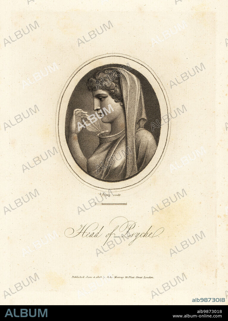 Head of Psyche, Greek goddess of the soul, holding a butterfly on her throat. From a cast engraved on cornelian in Tassie's collection. Copperplate engraving drawn and engraved by Richard Dagley from Gems, Selected from the Antique, with Illustrations, John Murray, London, 1804.