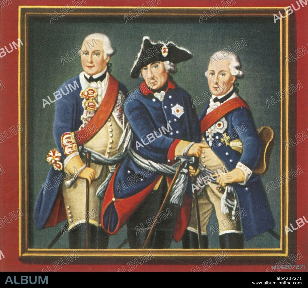 'Friedrich II., Der Grosse', (1933). Portrait of King Frederick II of Prussia (1712-1786) with his brother Prince Henry of Prussia (1726-1802) and his nephew Friedrich Wilhelm II (1744-1797), King of Prussia from 1786. Known as Frederick the Great, Frederick II's significant accomplishments include military victories, reorganization of the Prussian armies, patronage of the arts and the Enlightenment, and success in the Seven Years' War. After a miniature of 1770. From "Gestalten Der Weltgeschichte", a book of cigarette-card portrait miniatures of figures in world history from the last four hundred years. [Germany, 1933].