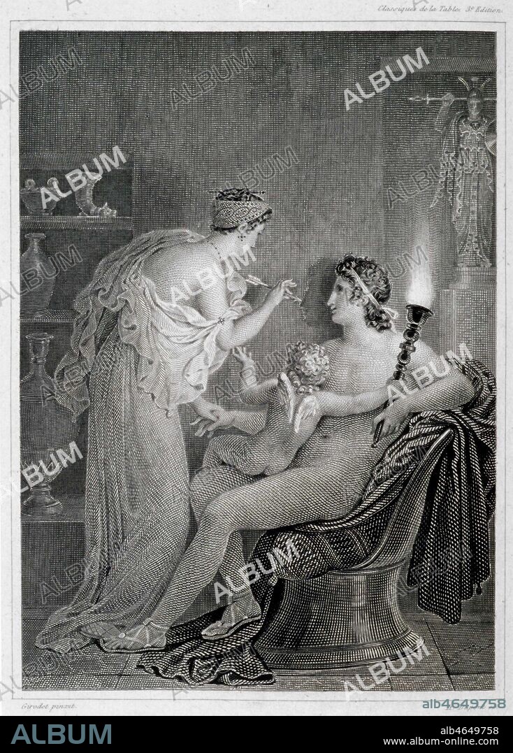 Origine du dessin, legende mythologique : Une jeune fille de Corinthe Dibutades (fille de Butades ) sachant que son amant allait partir pour un long voyage, dessina sur un mur le contour de l'ombre du jeune homme projetee par la lumiere d'une lampe a huile. A partir de ce dessin, le pere de la jeune fille, qui etait potier, realisa un relief en terre cuite. ( Source : PLINE, Histoire Naturelle XXXV ). Cette legende connait son plus grand succes en Europe dans les annees 1770-1820 et fait prevaloir l'interpretation selon laquelle l'amour est la source meme de l'art. Gravure de Anne Louis GIRODET de Roussy Trioson, vers 1800-1810. Credit: Coll. Sev/KHARBINE-TAPABOR.