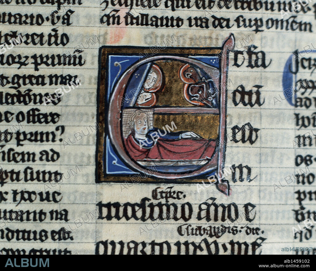 CODICE Nº 1. Siglo XIV. "SACRA BIBLIA CUM GLOSA". Libro el Profeta Ezequiel. Miniatura de EZEQUIEL, de la letra capitular perteneciente al folio 190 v. Archivo Capitular de Tarazona. Provincia de Zaragoza. Aragón.