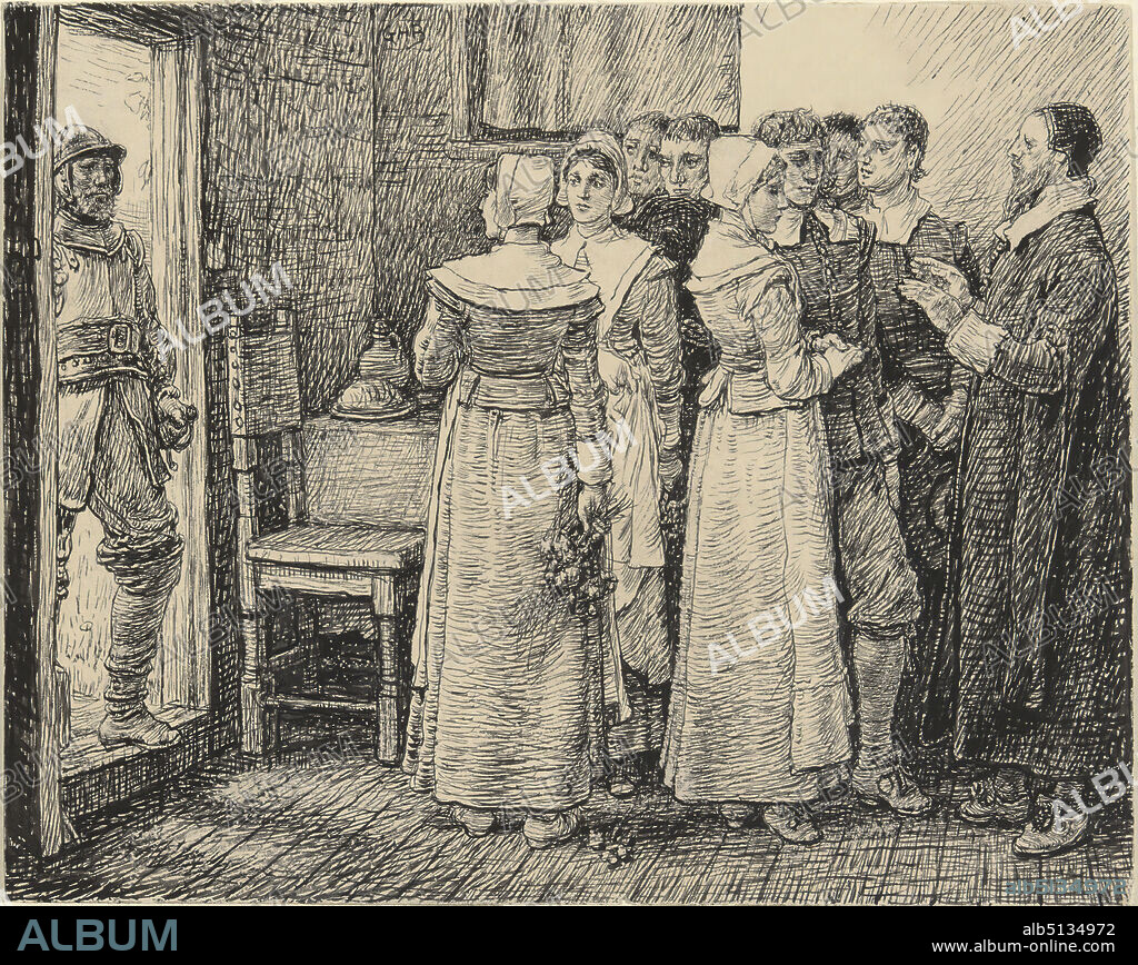 Artist: George Henry Boughton, American, 18331905, The Puritan Wedding Interrupted, Pen and ink drawing, 17.8 × 19.7 cm (7 × 7 3/4 in.), Made in United States, American, 19th century, Works on Paper - Drawings and Watercolors.