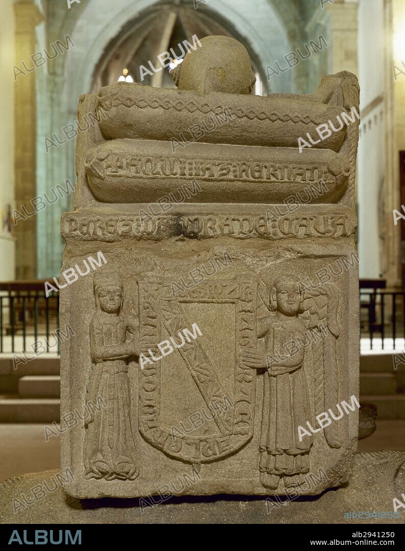 Fernan Perez de Andrade (d.1397). Spanish Knight. Tomb with reliefs depicting the reclining figure of the knight and the coat of arms of the family Andrade. St Francis Church. Betanzos. Spain.