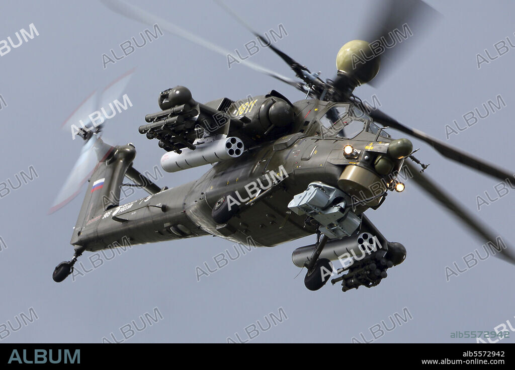 Mil Mi-28N attack helicopter of the Russian Air Force during MAKS-2017 airshow, Zhukovsky, Moscow Region, Russia.