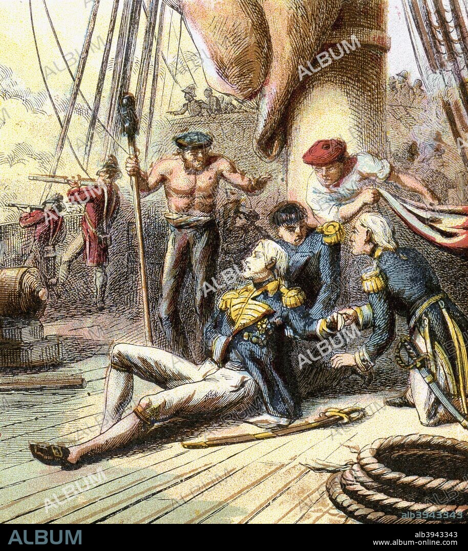 'The Battle of Trafalgar, 1805', (c1850s). Scene on 'HMS Victory' during the Battle of Trafalgar, 21 October 1805, where the British navy decisively defeated the Franco-Spanish fleet. The British commander Admiral Lord Nelson died towards the end of the battle after being shot by a French sharpshooter. Colour plate taken from the book Pictures of English History, George Routledge And Sons, (London, New York, c1850).