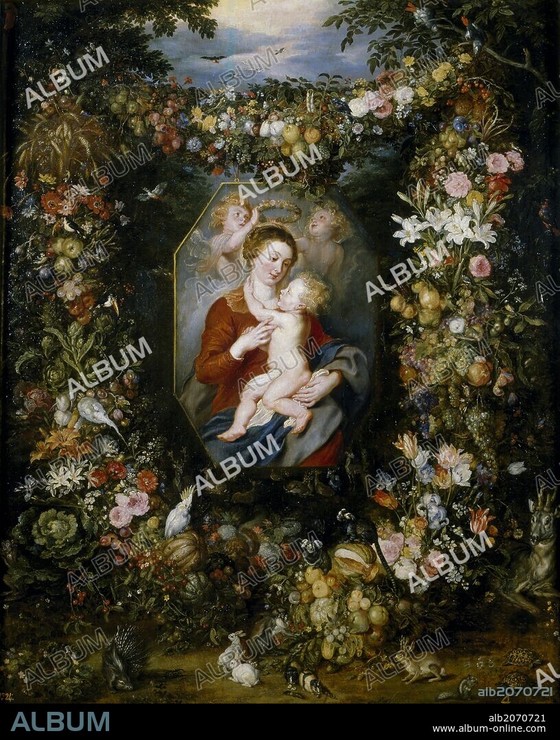 PETER PAUL RUBENS y JAN BRUEGHEL EL VIEJO. Pedro Pablo Rubens; Jan Brueghel 'el Viejo' / 'La Virgen y el Niño en un cuadro rodeado de flores y frutas', 1617-1620, Escuela Flamenca, Óleo sobre Tabla, 79,7 cm x 63,7 cm, P01418.