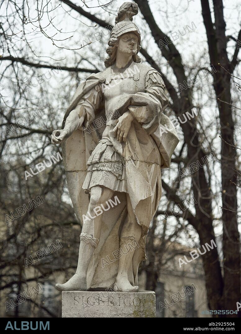 SIGERICO. Rey visigodo (416 a 417). Elegido después del asesinato de Ataulfo. Estatua esculpida en piedra situada junto al kiosco de música del Parque de la Florida. VITORIA. Provincia de Alava. País Vasco.