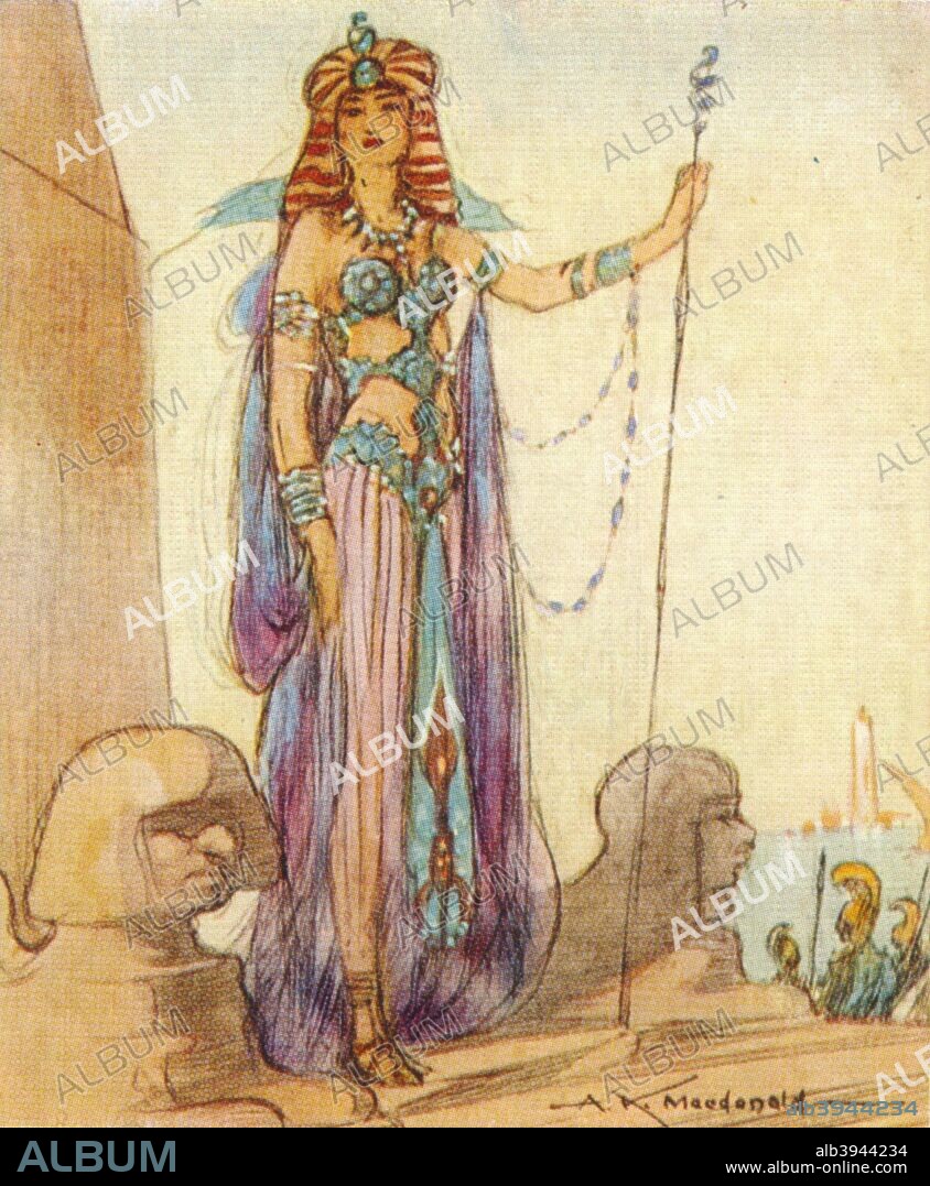 Cleopatra VII (69-30 BC), Queen of Egypt'. Cleopatra was the last ruler of the Ptolemaic dynasty, established when Alexander the Great conquered Egypt in 332 BC. From an original drawing by A. K. Macdonald. From the John Player & Sons cigarette card series 'Famous Beauties', 1937.