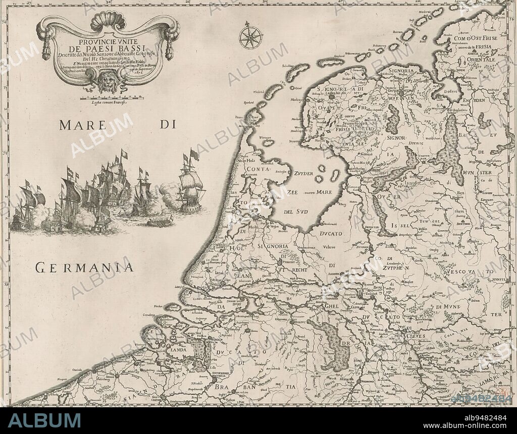 Map of the Republic of the Seven United Netherlands, Province Unite de Paesi Bassi (...) (title on object), Italian map of the Republic of the Seven United Netherlands. Top left cartouche with title. Scale below cartouche: Leghe comini Francese. Degrees along edges., print maker: Giovanni Battista Falda, (mentioned on object), Nicolas Sanson (I), (mentioned on object), publisher: Giovanni Giacomo de'Rossi, (mentioned on object), print maker: Rome, Paris, publisher: Rome, 1672, paper, engraving, etching, height 401 mm × width 501 mm.