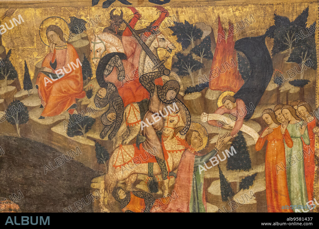 warriors and devil, altarpiece of Santa Quiteria, Joan Loert, around 1300, tempera on panel, Hospital de Sant Antoni, Palma, lime mortar and inert load, Plaza de la Lonja, Palma, Mallorca, Balearic Islands, Spain.