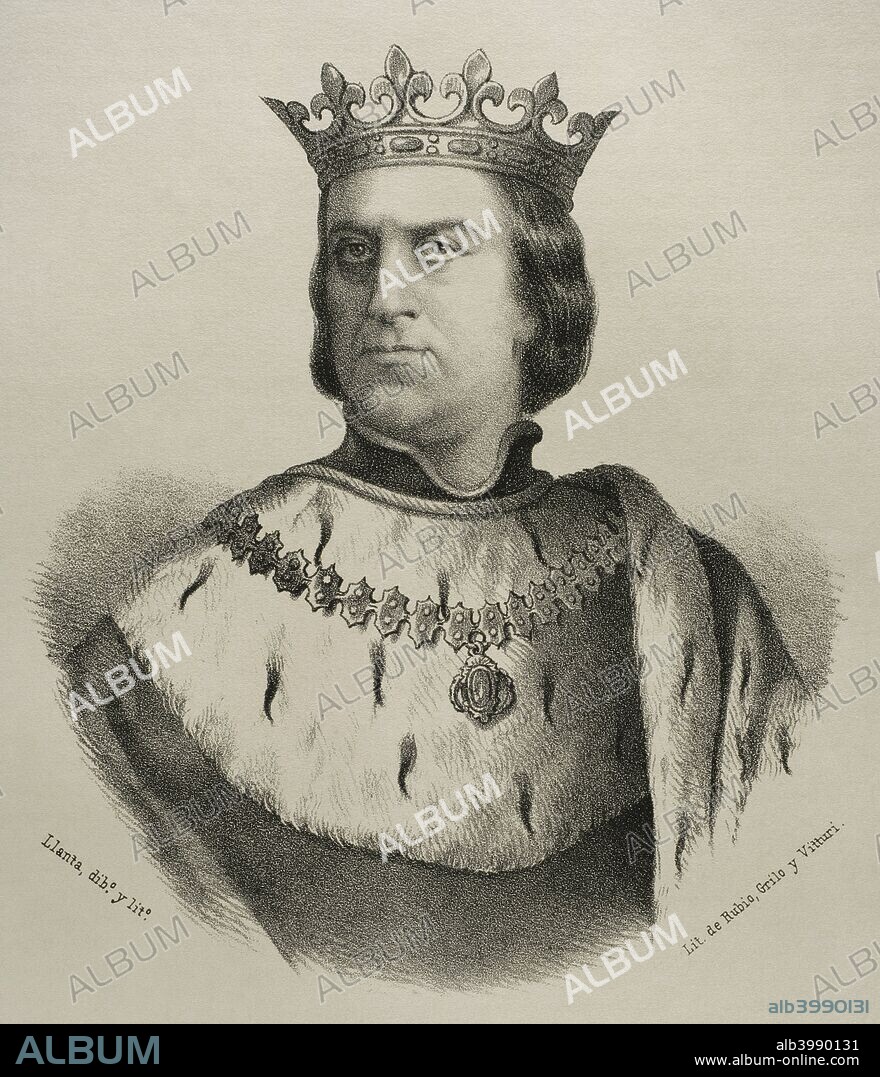 Martín I de Aragón, también llamado el Humano (1356-1410). Rey de Aragón, Valencia, Mallorca, Cerdeña, Sicilia y Conde de Barcelona. Murió sin heredoro al trono. Tras dos años de conflictos se nombró en el Compromiso de Caspe, a Fernando I (Dinastía Trastámara) como sucesor. Dibujo por Llanta. Litografía. Crónica General de España, Historia Ilustrada y Descriptiva de sus Provincias. Cataluña, 1866. Biblioteca Histórico Militar de Barcelona. Cataluña, España.