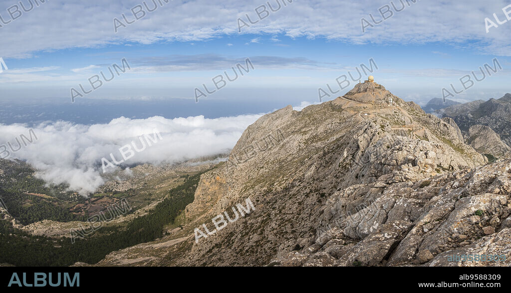 top of Puig Major with the radar installations surrounded by mist, Serra de Tramuntana, Majorca, Balearic Islands, Spain.